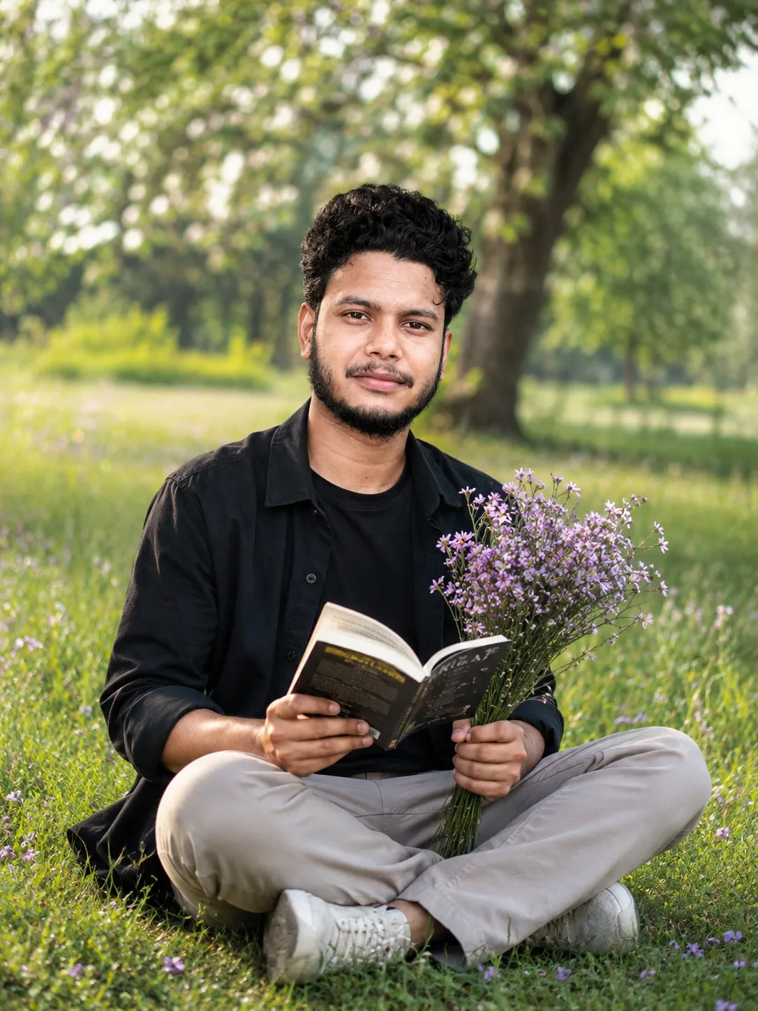[A young man with a square face, dark hair styled in a short, textured cut, and a light beard, sitting cross-legged on a grassy field,