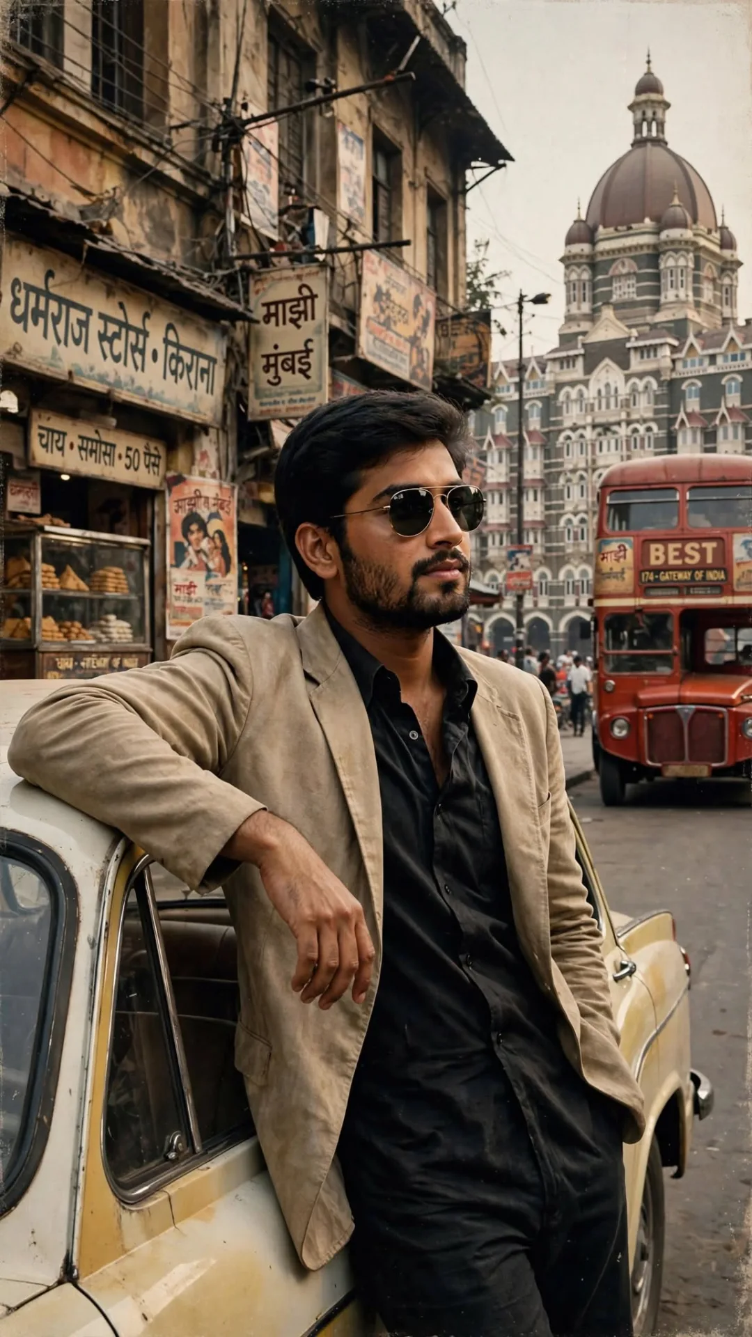 Retro 1980s portrait of a bearded man wearing sunglasses, black shirt and beige blazer leaning on vintage car, old Bombay street with Taj