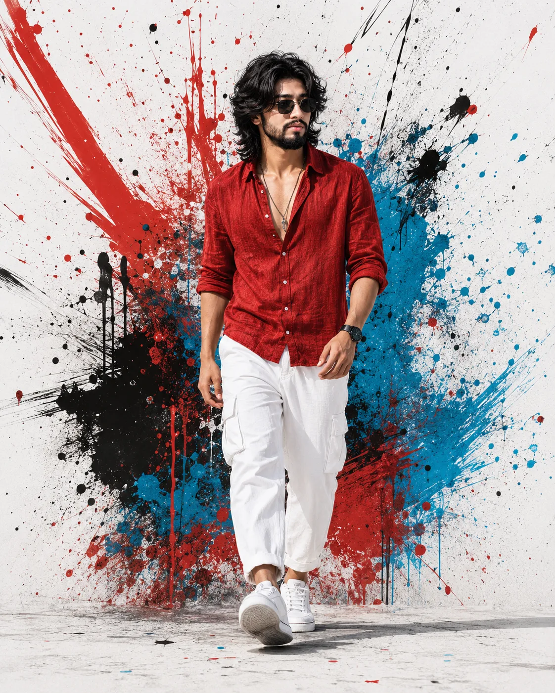Create a highly realistic, full-body cinematic fashion portrait of a stylish young man walking confidently toward the camera.
