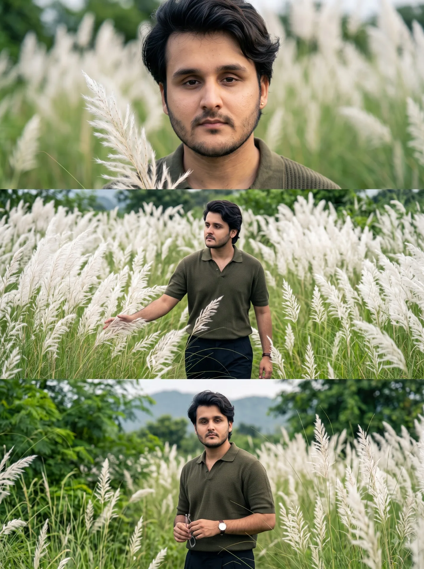 Create an ultra-realistic cinematic vertical 3-panel collage of a young South Asian man standing in a beautiful field of tall white Kash