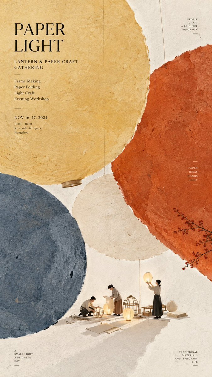 🔥 Paper fiber + large color fields + micro scenes.