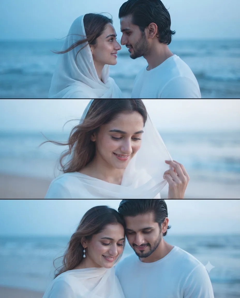 A romantic cinematic three-panel vertical collage featuring a young South Asian couple at a tranquil beach during blue hour, divided into
