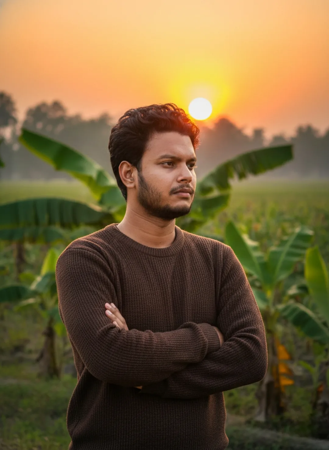 > A realistic portrait of a 26-year-old South Asian man with short dark curly hair and a well-trimmed beard, standing outdoors in a rural