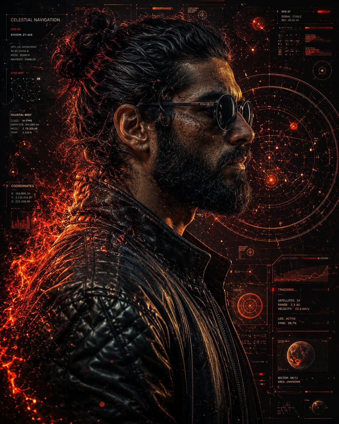 A cinematic side-profile portrait of a rugged man with a tied-back bun and full beard, wearing round dark sunglasses and a textured leather