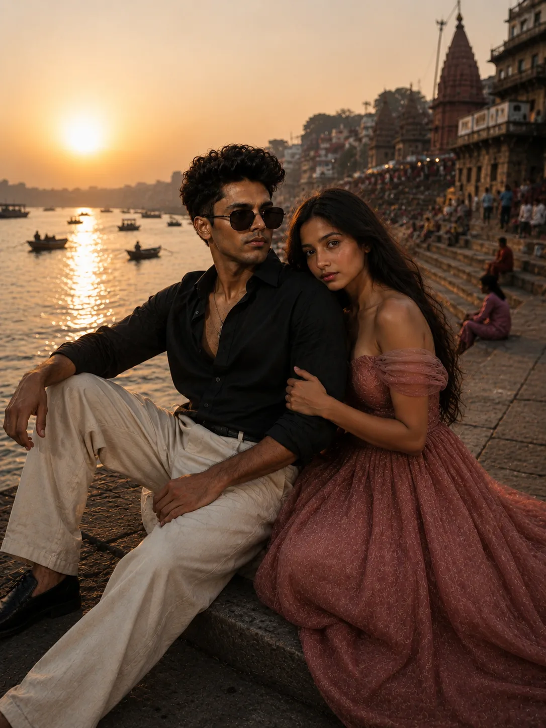: Prompt: > Ultra-realistic cinematic photograph of a young South Asian couple sitting together on the stone steps of a riverside ghat at