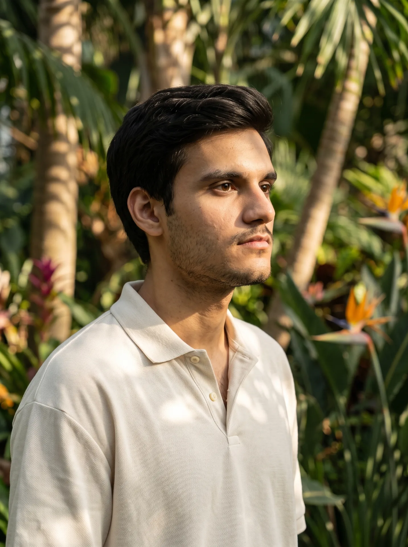 A breathtakingly handsome young male fashion model standing peacefully in a secluded luxury botanical garden, captured in a cinematic