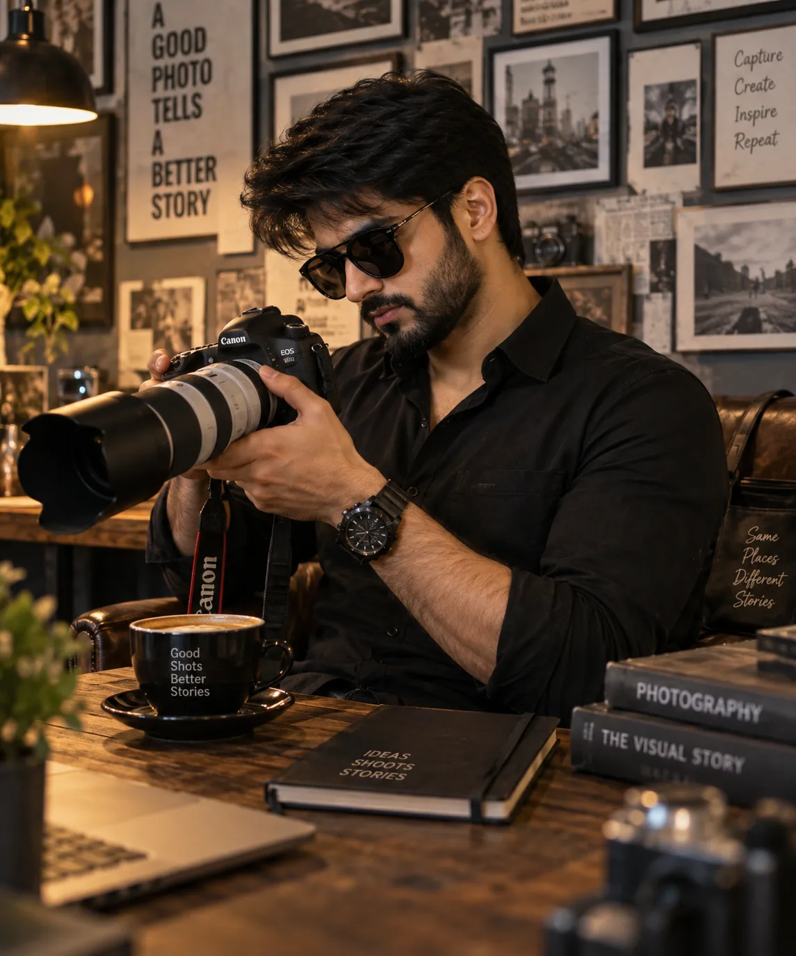 A male photographer wearing a form-fitting black shirt and large, modern sunglasses.