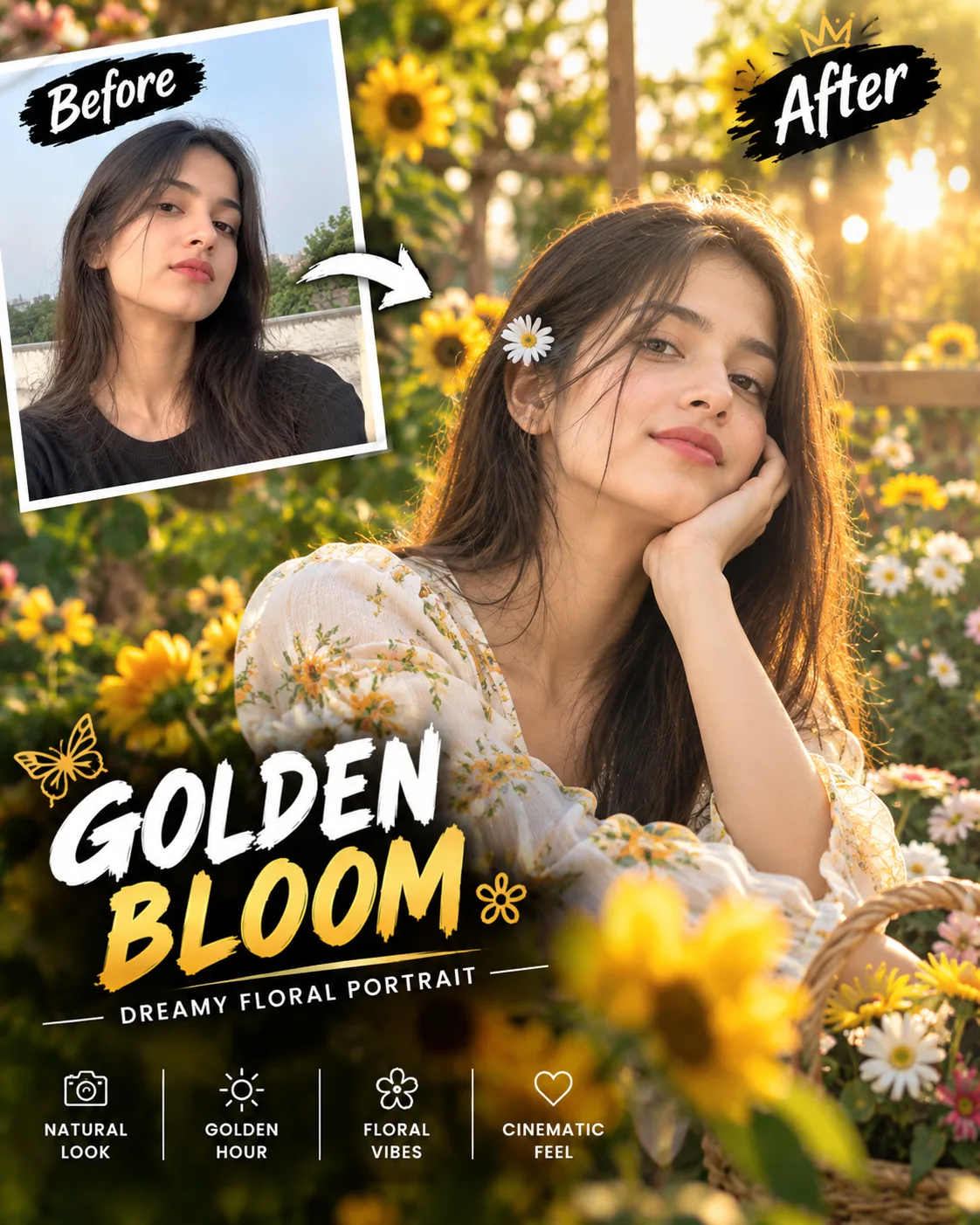 Transform the uploaded photo into a highly realistic dreamy floral portrait.