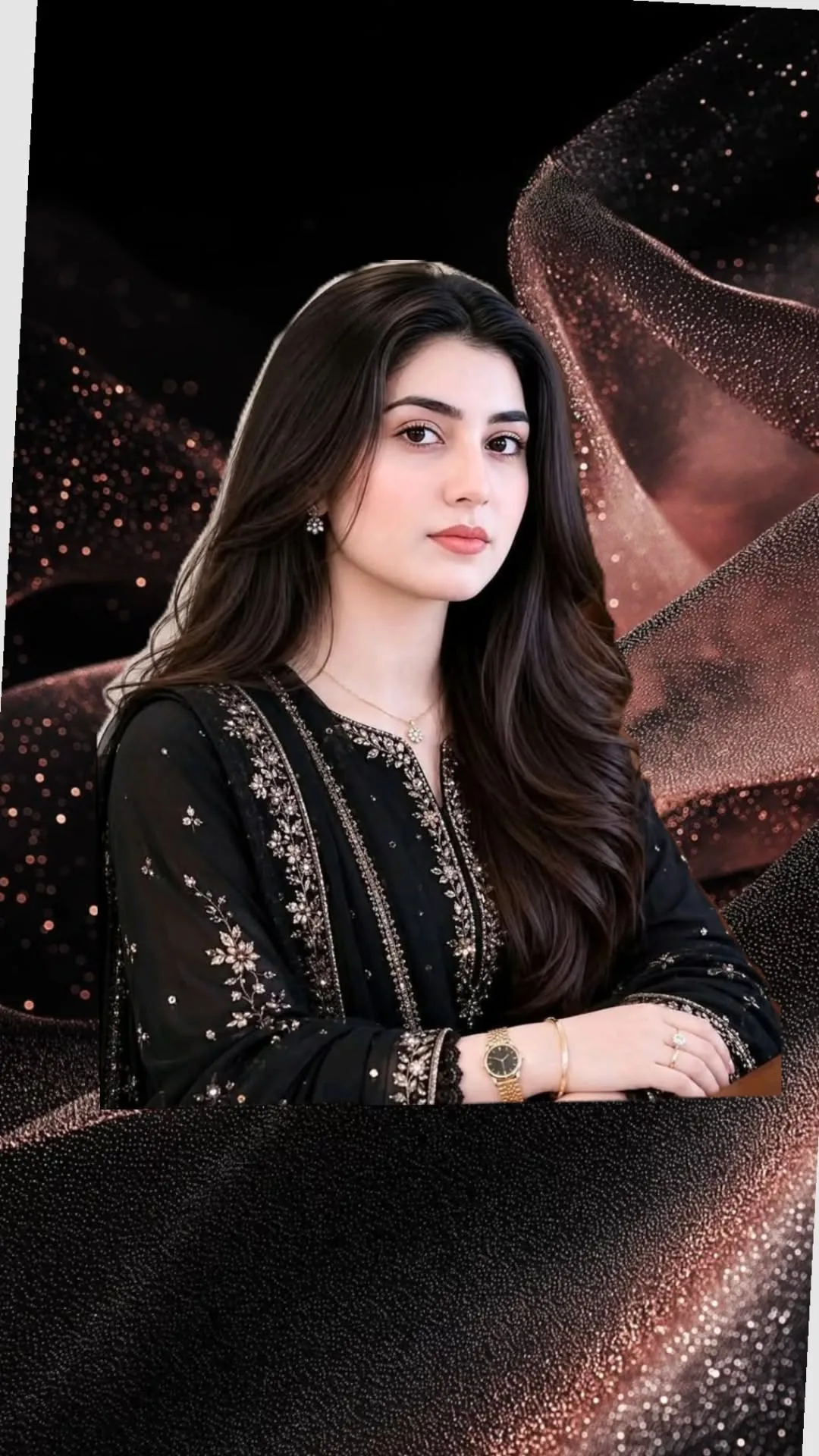 A high-quality, photorealistic half-body studio portrait of a beautiful young Pakistani woman with long, voluminous, flowing dark brown