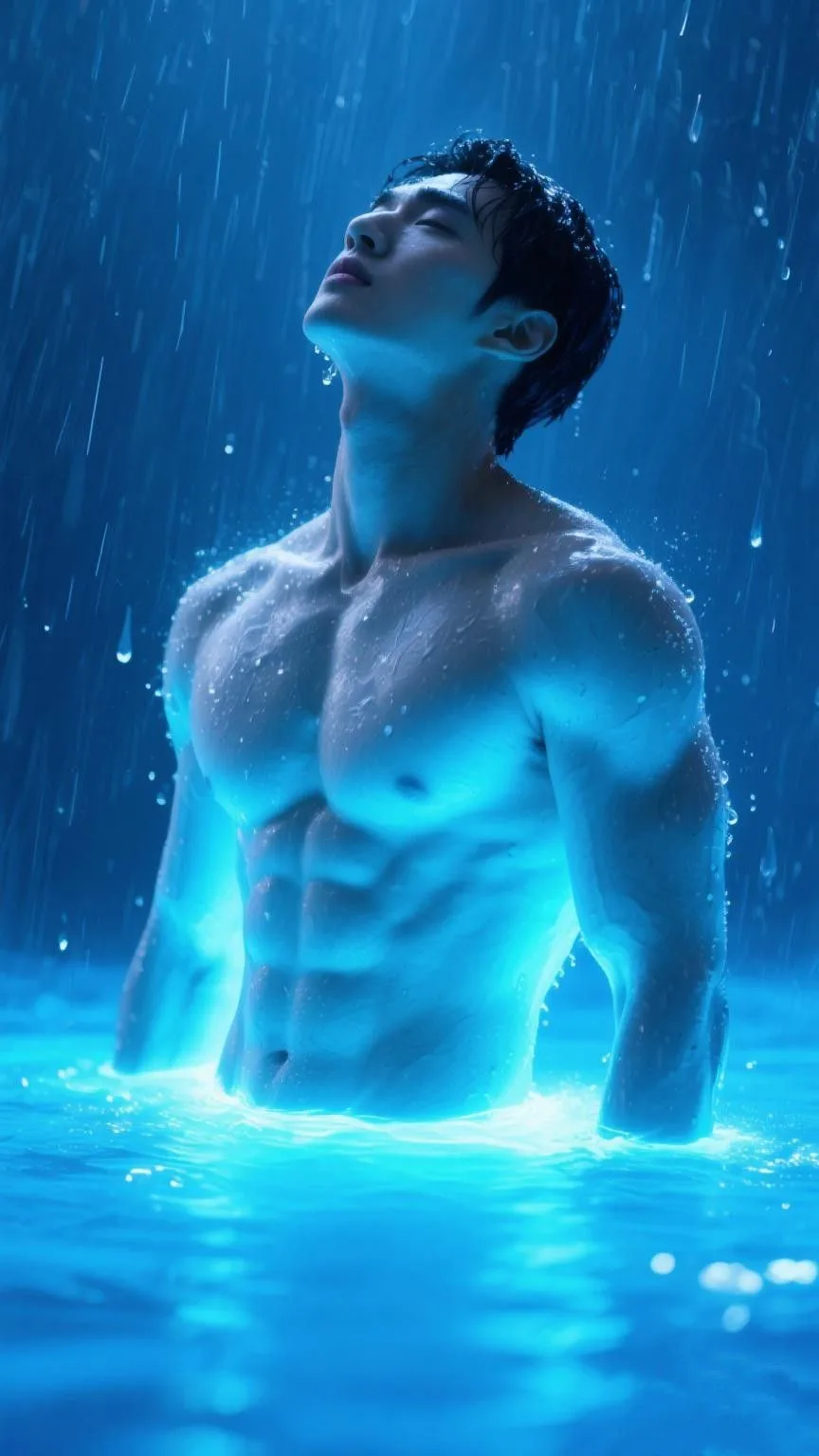 A cinematic, high-definition photo of a highly toned and muscular East Asian man standing waist-deep in glowing, bioluminescent blue water.