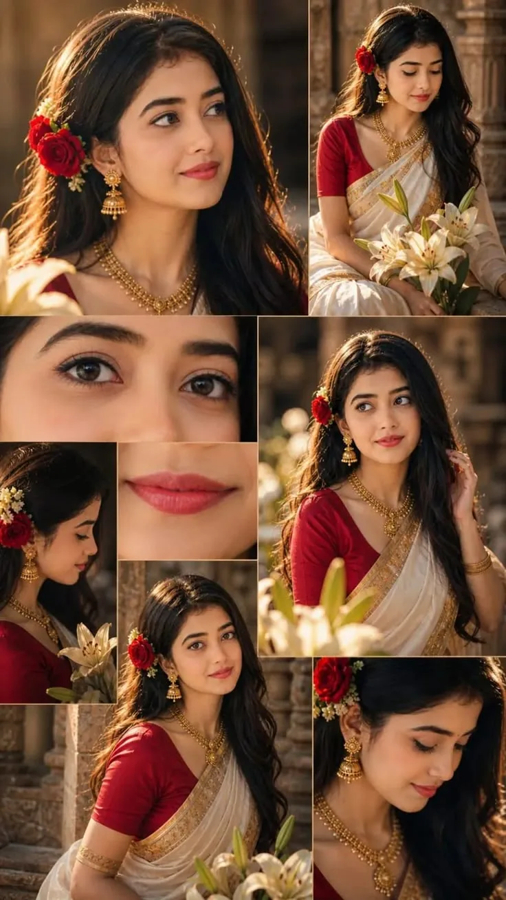 A photorealistic cinematic portrait of a beautiful young Indian woman wearing an elegant ivory-white saree with a rich antique-gold zari