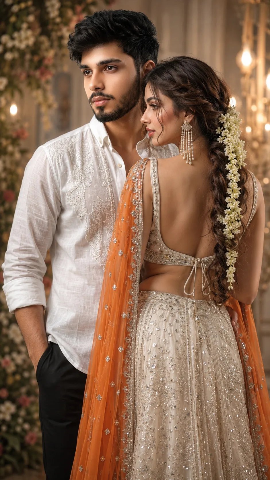Make 8k portrait of a beautiful young Indian couples, he wearing white anrodery shirt and black pents, she wearing a deep white-stone