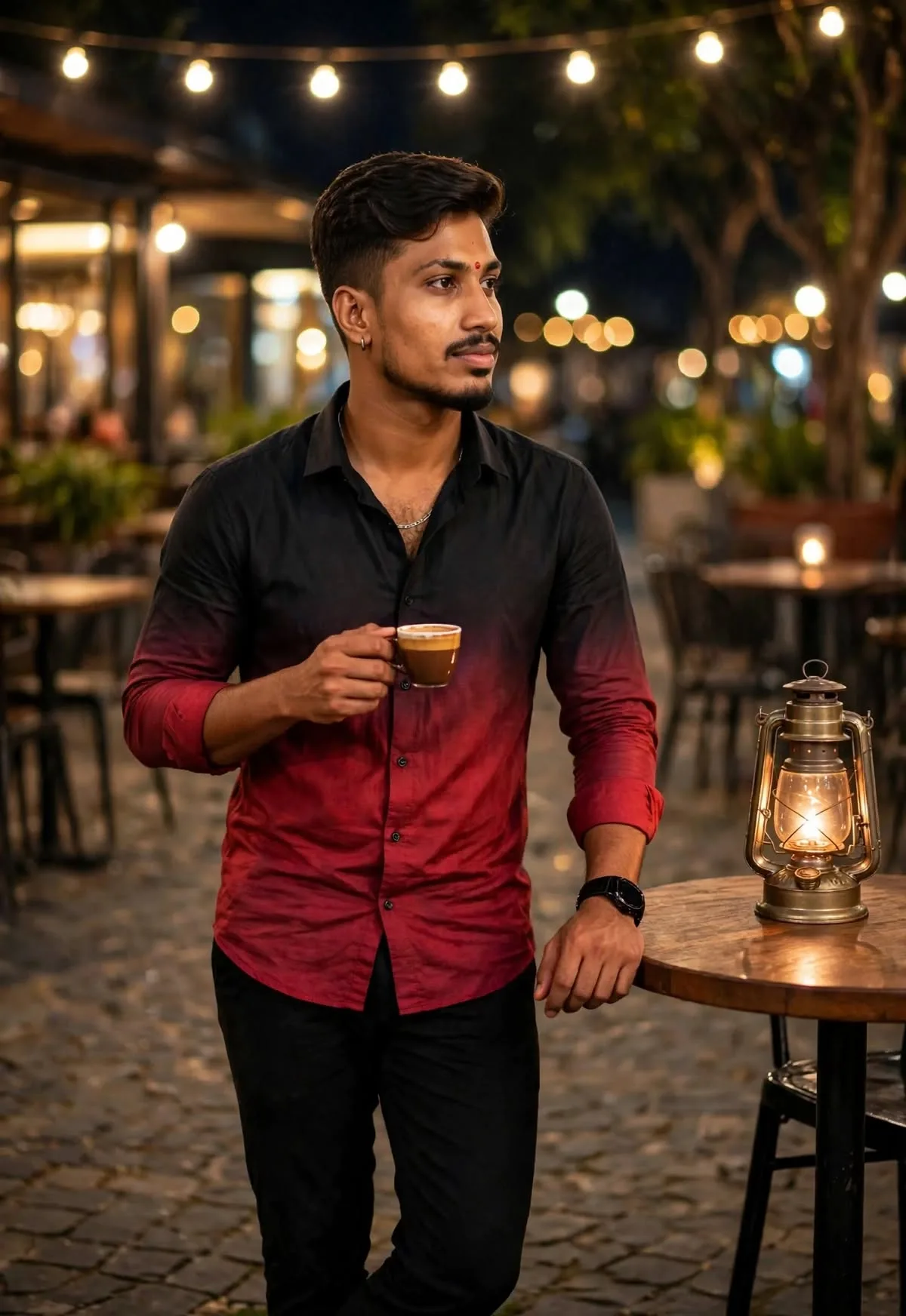 Cinematic photorealistic portrait of a young Indian man with short stylish hair, light beard and mustache, wearing a black to red gradient
