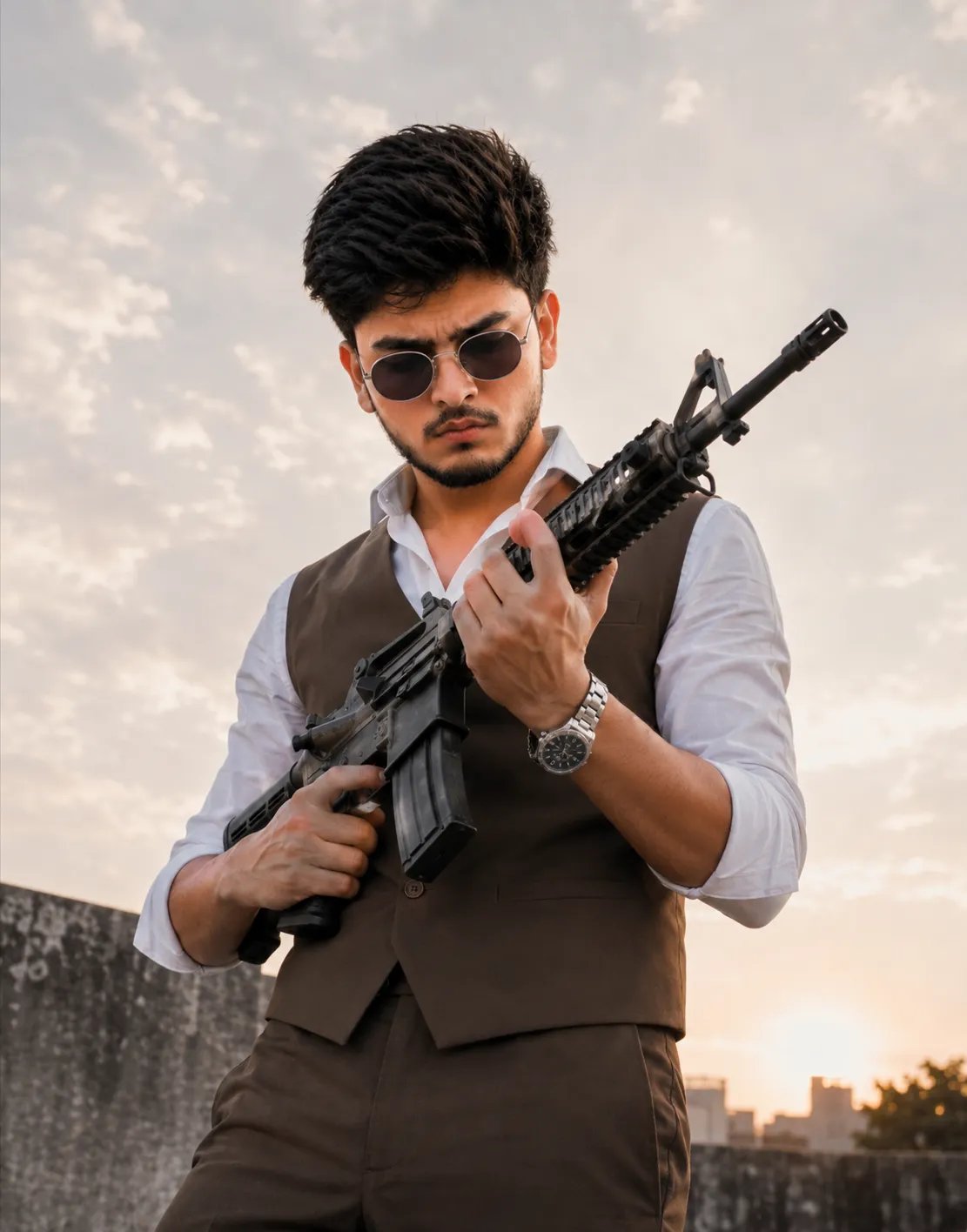 Create A low-angle, medium shot of a stylis boy in his 18 year slim body looking down with a focused expression, inspecting a black assault