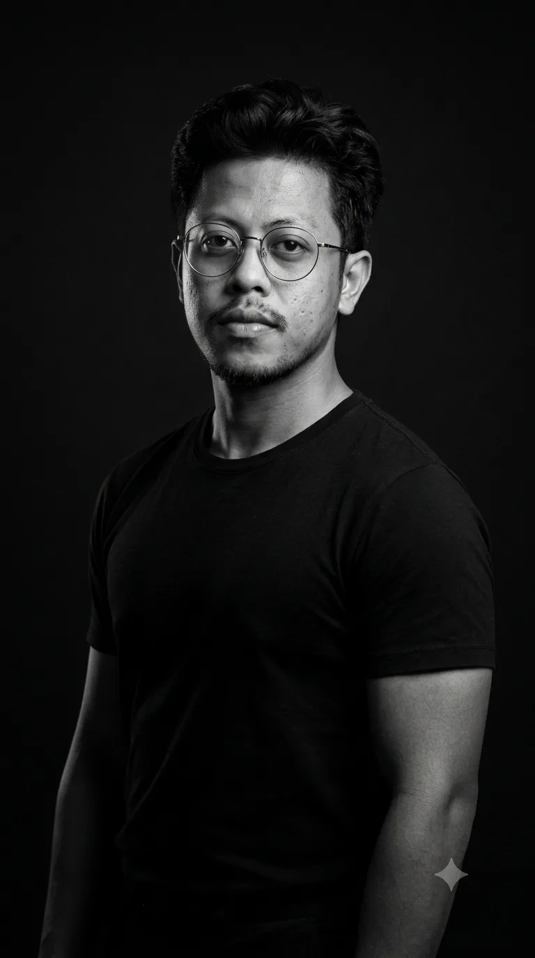 PROMPT Ultra-realistic fine-art black-and-white studio portrait of a young athletic man with a lean, naturally defined physique,