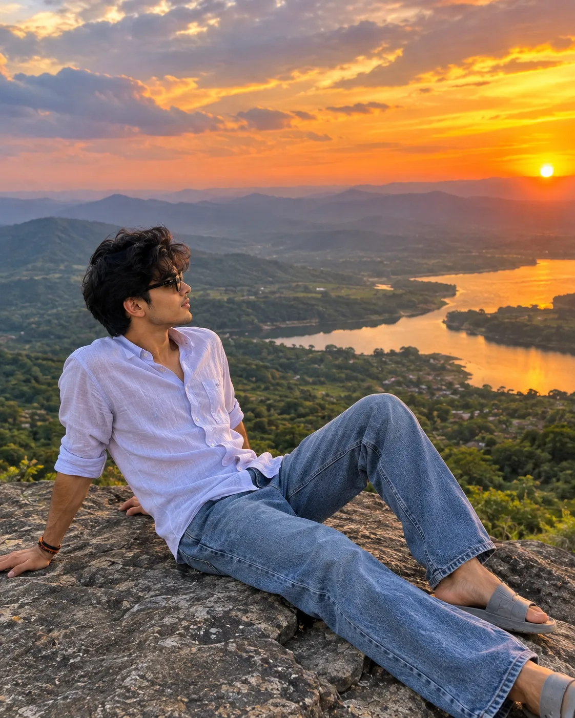 Young Man Sitting on a Cliff Edge Watching a Scenic Mountain Sunset
