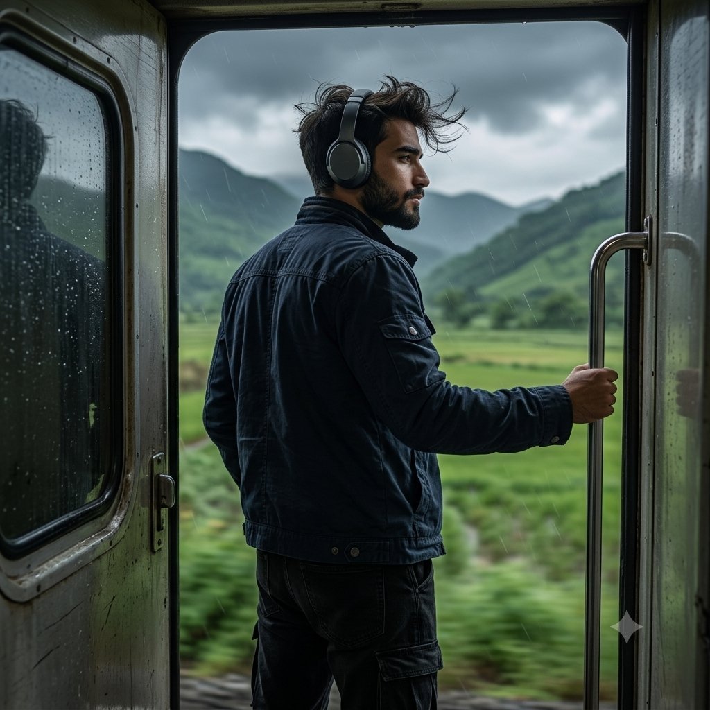 Man in Rainy Train Portrait