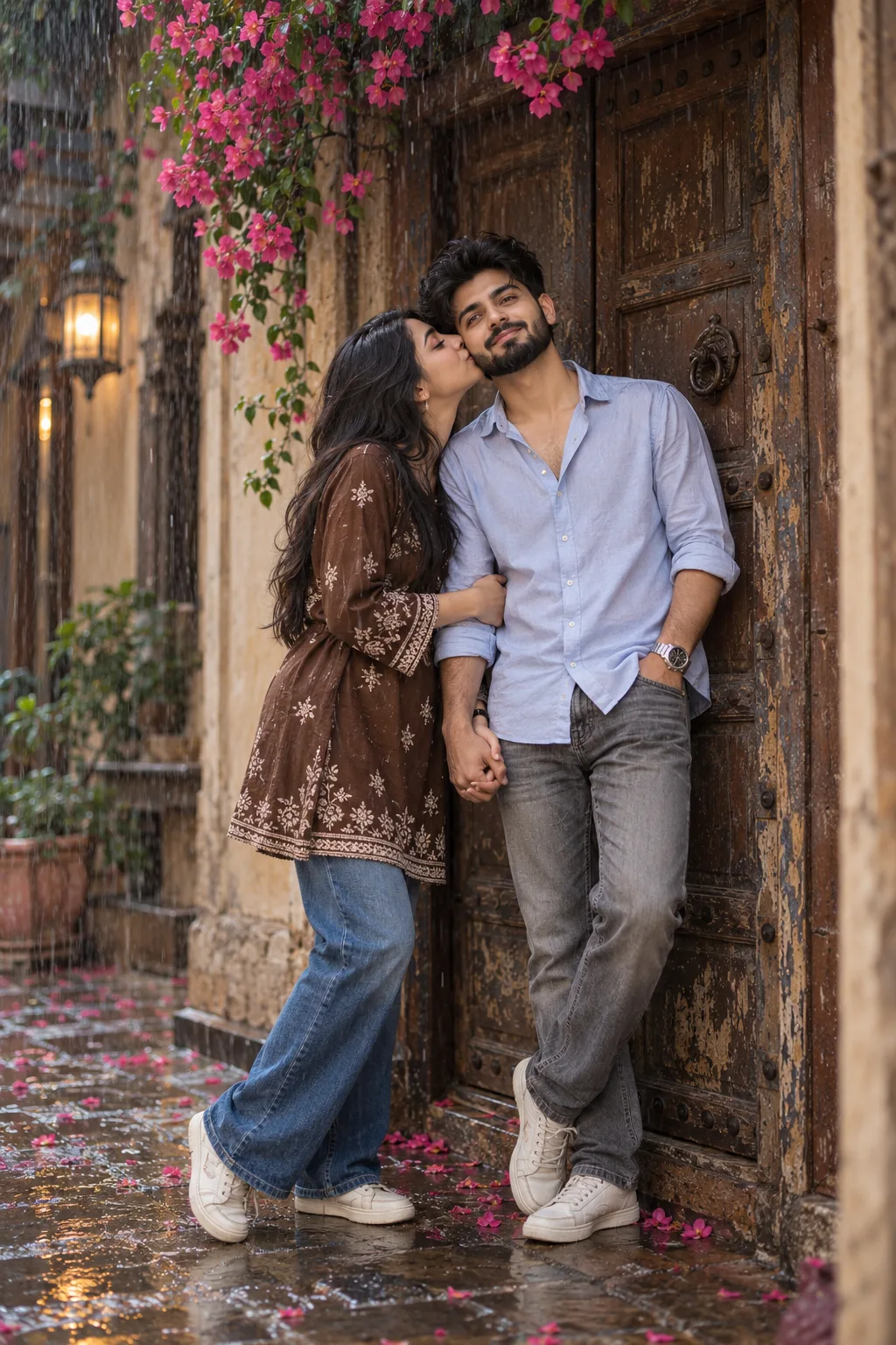 Romantic South Asian couple in gentle rain, standing before a rustic vintage wooden door.
