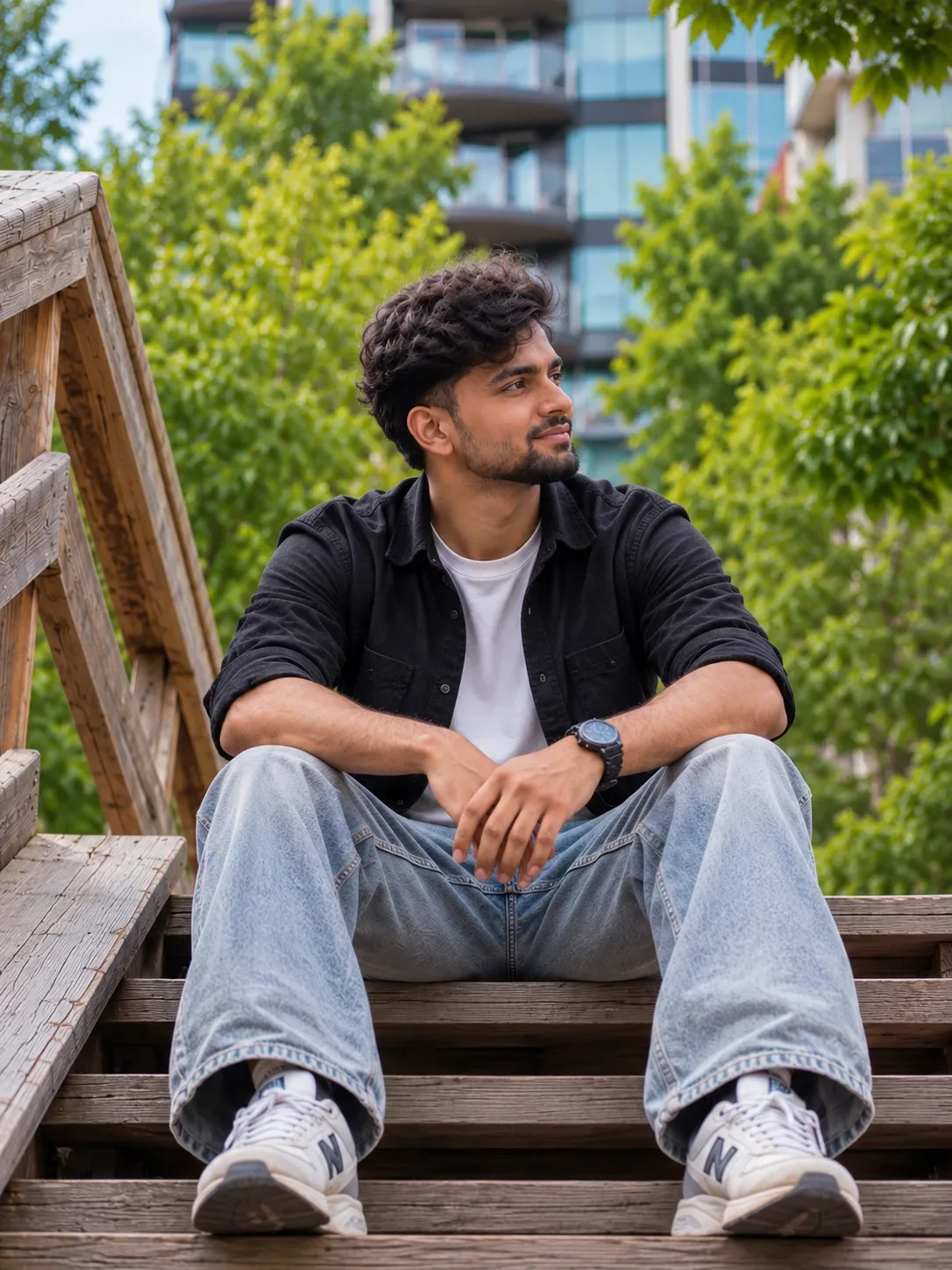 A photorealistic, high-resolution low-angle full-body outdoor lifestyle portrait of a handsome, stylish young South Asian man in his early