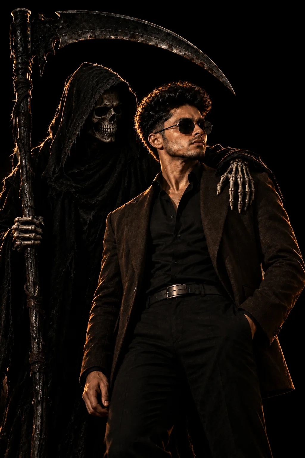 ADD THE HIM STANDS A DARK, EERIE GRIM REAPER WEARING A BLACK HOODED CLOAK, WITH A SKULL FACE AND HOLDING A LARGE SCYTHE.