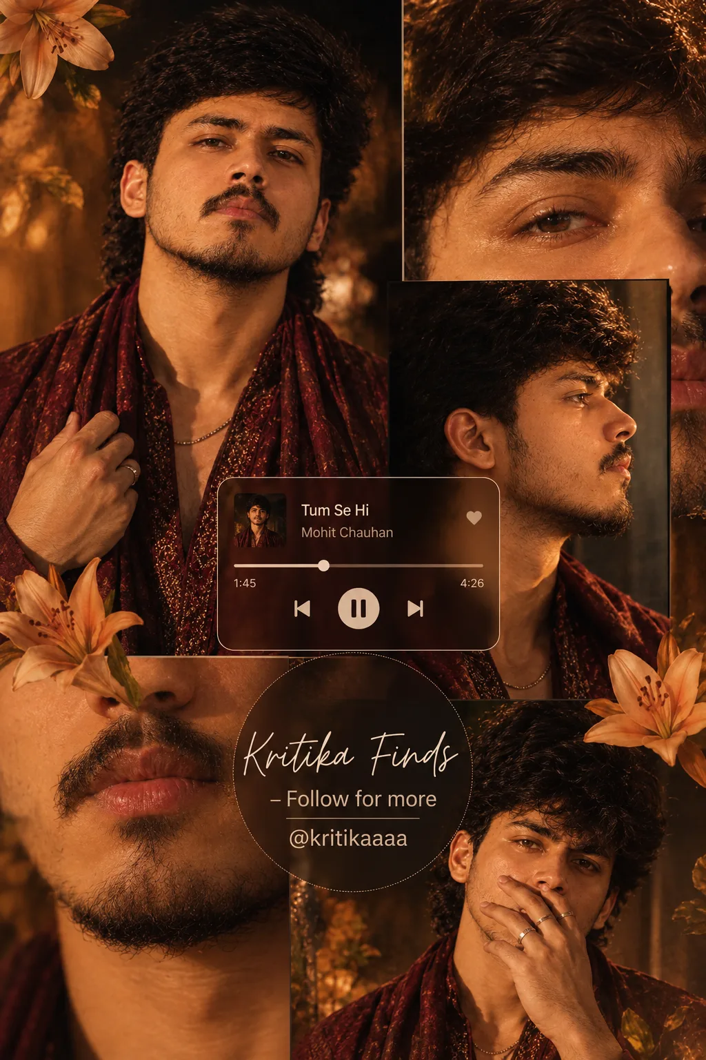 Create a high-end cinematic portrait collage of the same young Indian man, maintaining the exact same facial identity, hairstyle, beard,