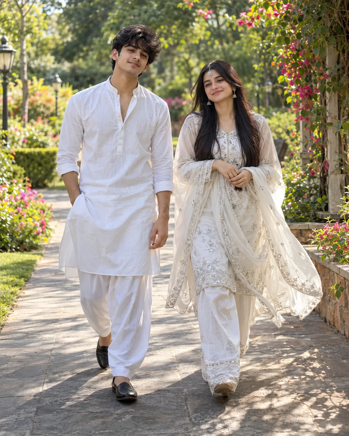 Create an ultra-realistic cinematic full-body photograph of a young South Asian couple walking naturally together on a beautiful,