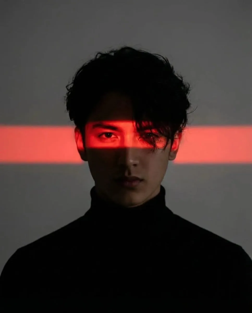 A minimalist, highly dramatic close-up portrait of a young East Asian man with messy dark hair looking directly into the camera with an