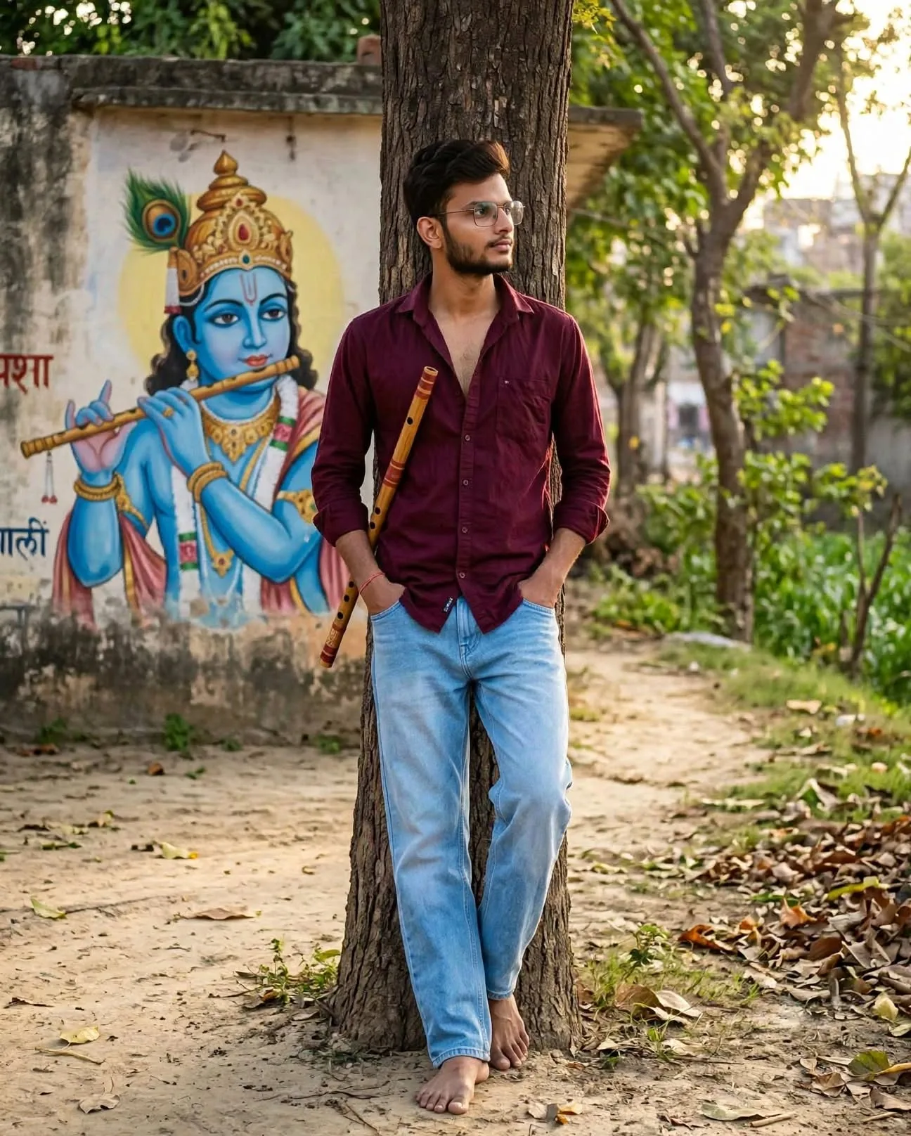 Photorealistic portrait of a young Indian man, 27 years old, short styled brown hair, light beard and mustache, wearing thin transparent