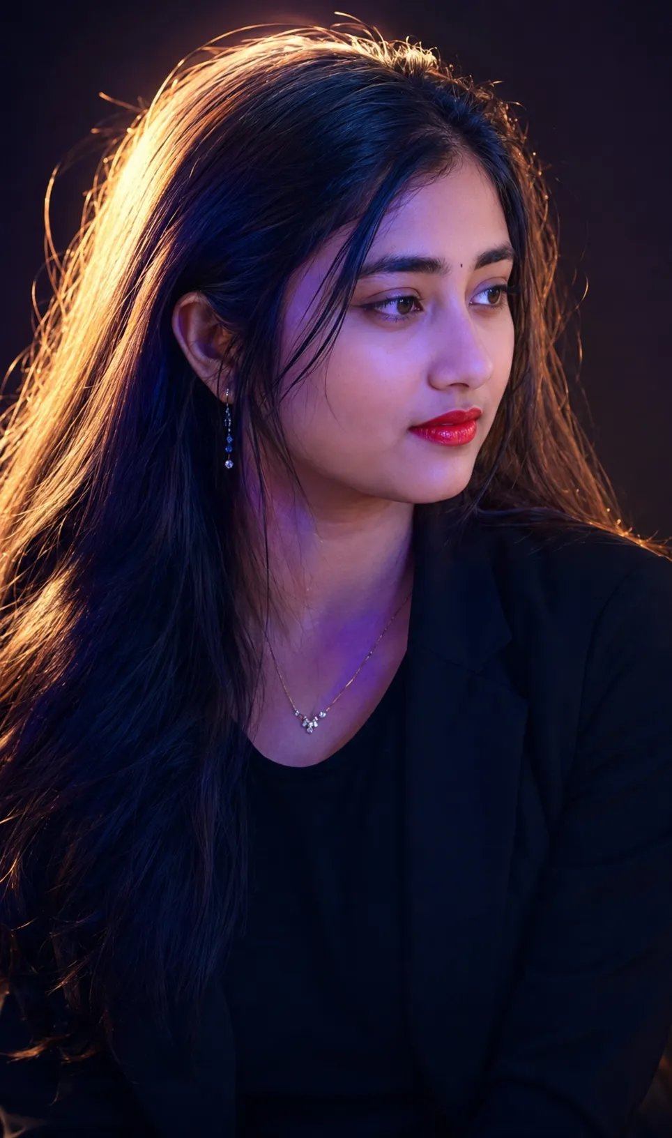 Prompt ⤵️ 💫 ✨ Ultra-realistic cinematic studio portrait, same face ID and natural features, side-profile pose looking away, long silky