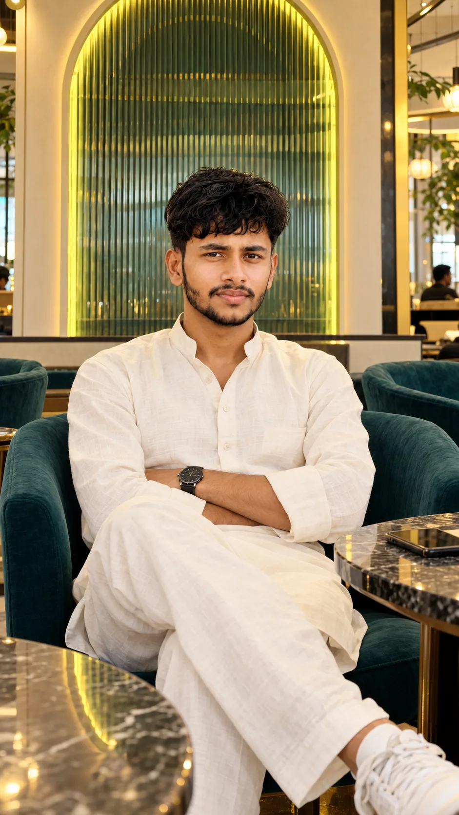Ultra-realistic professional DSLR photograph of a slim young South Asian man seated confidently in a modern upscale café, centered in a