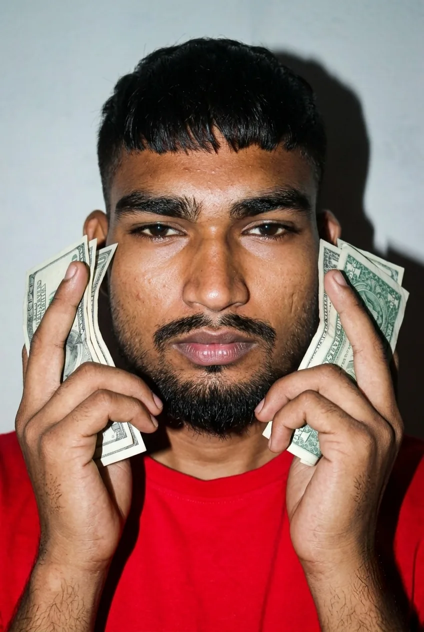 A high-definition, direct, hard-light photo of a young man with dark, textured skin, a precise beard, and a bowl-cut fade, looking directly