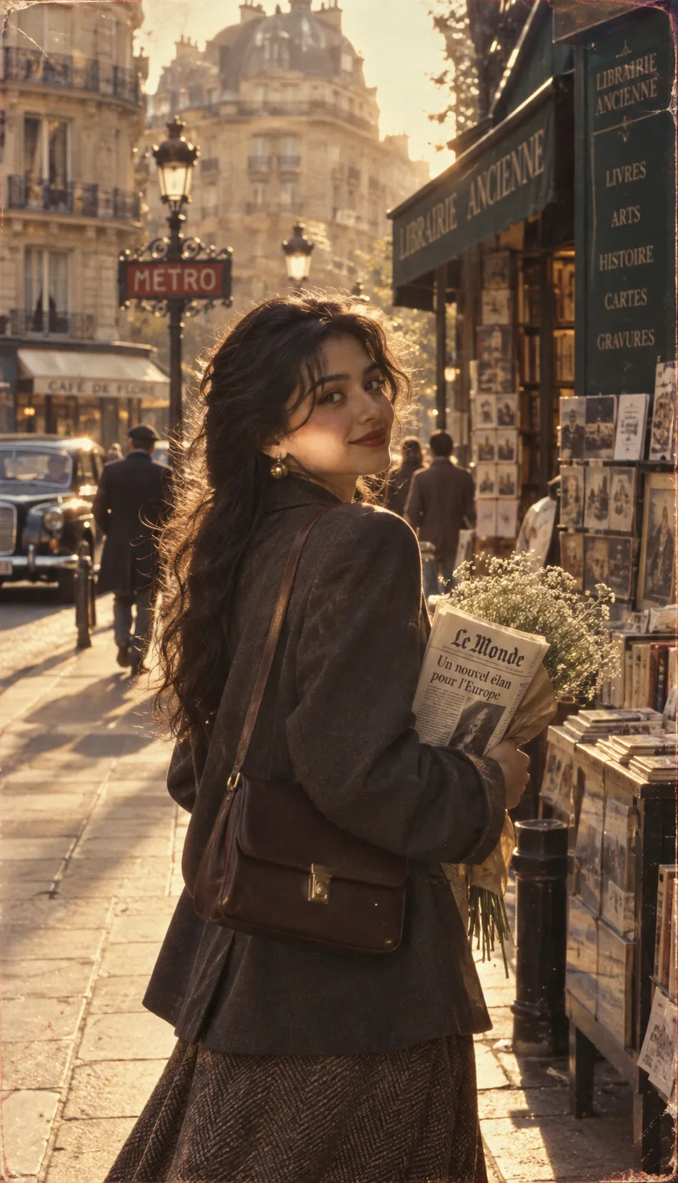 Transform this image into an ultra-realistic cinematic 1980s-inspired street photograph, preserving the woman's facial features, natural