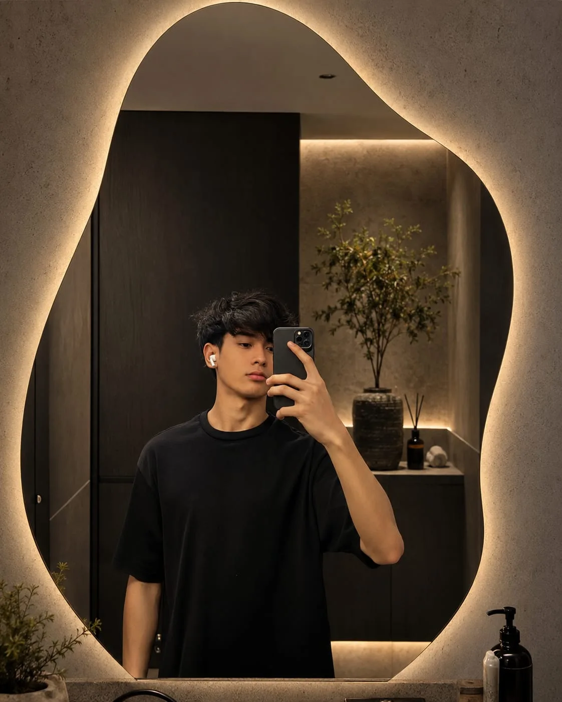 BOYS PROMPTβUltra-realistic mirror selfie of a fashionable young man in a luxury contemporary dressing room.