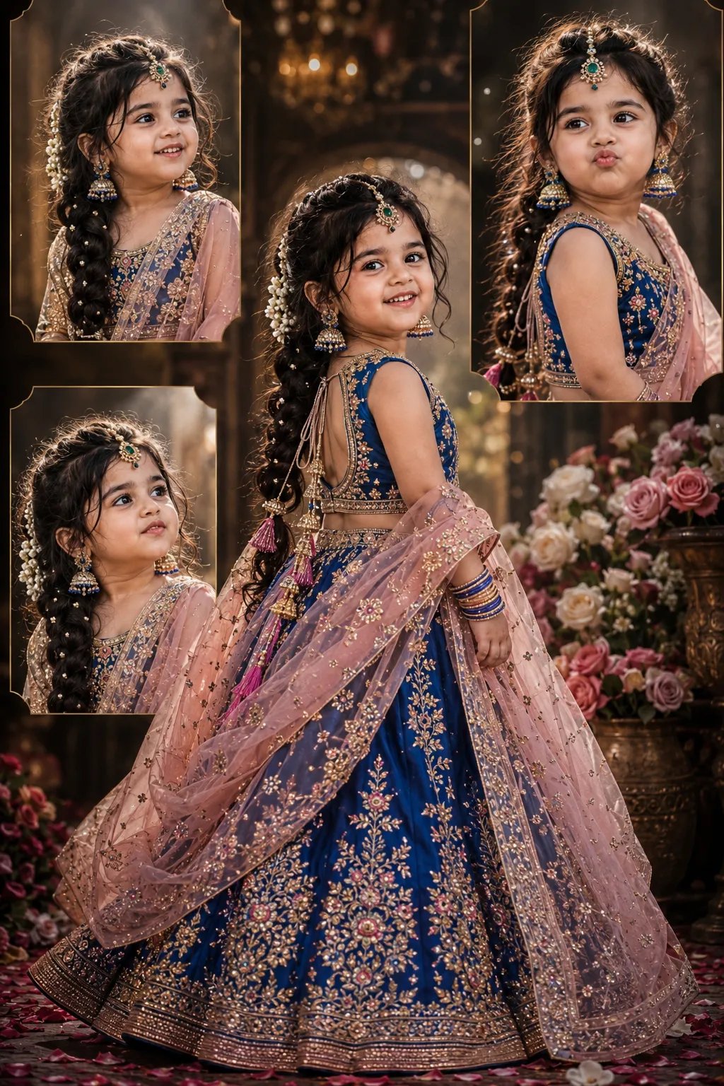 Ultra-realistic cinematic royal portrait collage of a beautiful South @_miss.s0niya_ Asian baby girl wearing a heavily embroidered royal
