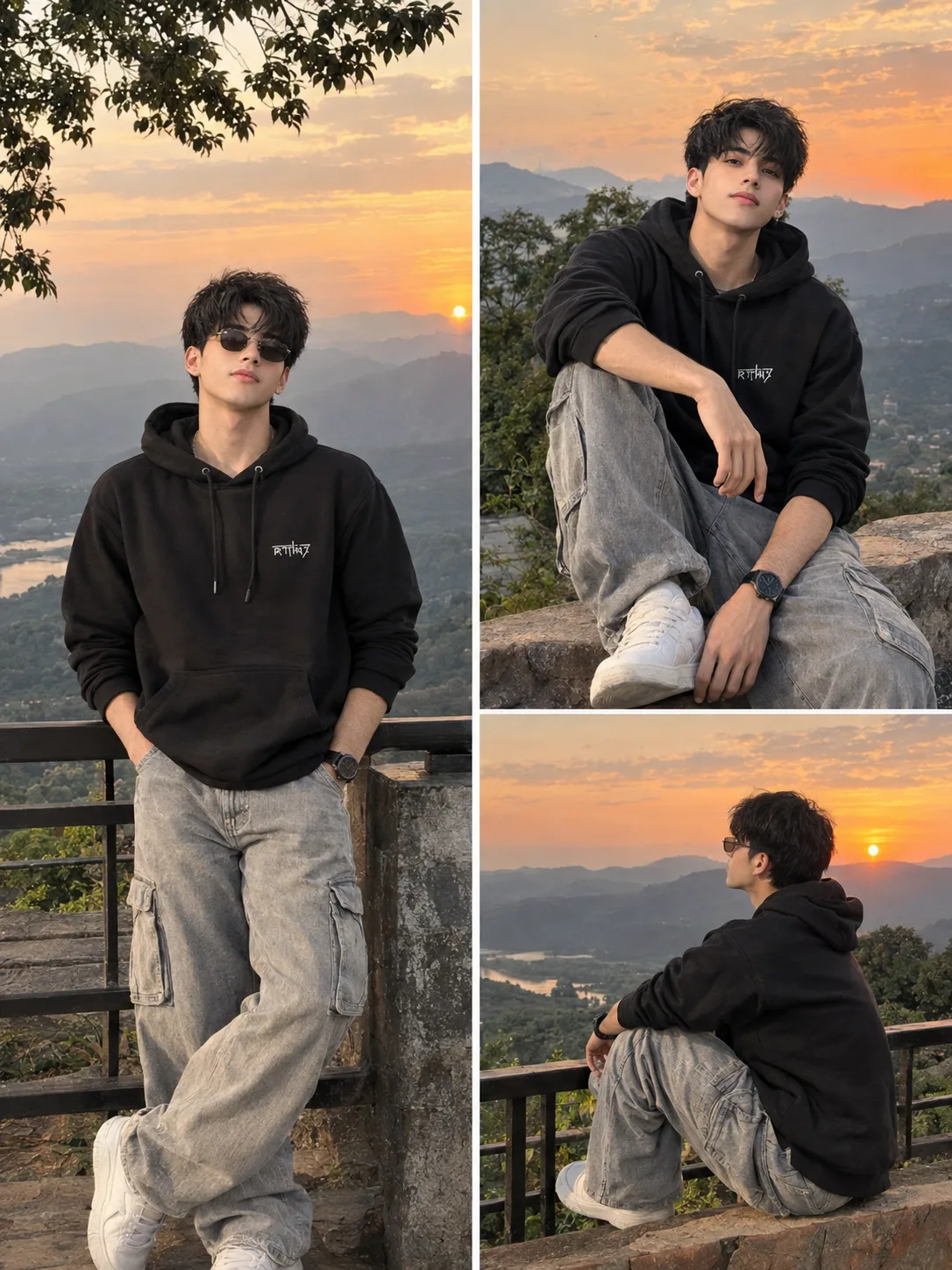 Create a highly realistic professional DSLR three-panel vertical fashion photography collage featuring the same young Indian man in all