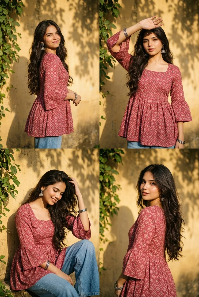 Create a single vertical fashion photograph divided into four equal portrait frames, featuring the same beautiful Indian woman consistently