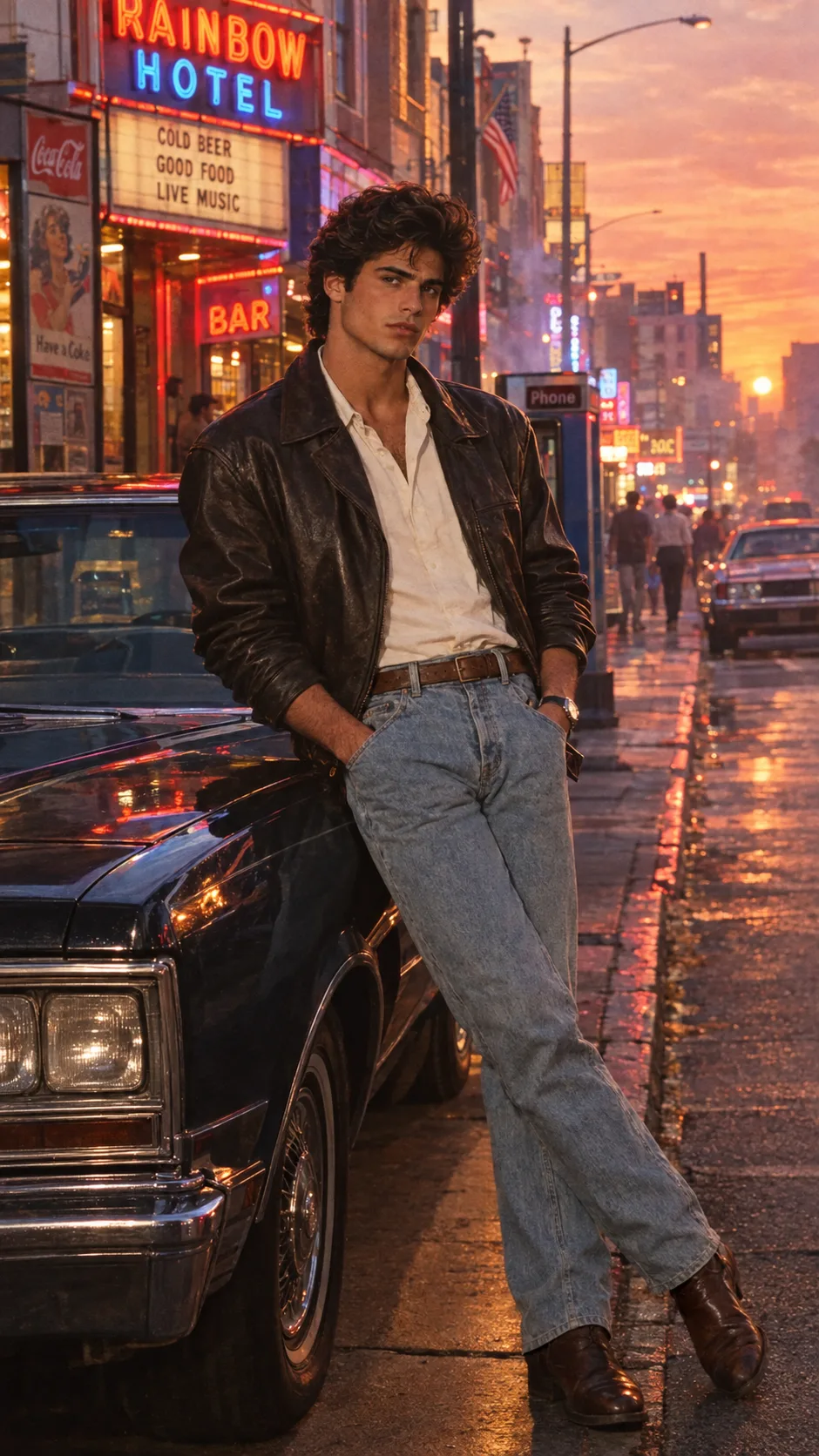 Ultra-realistic cinematic photograph of a strikingly handsome young man in his early 20s embodying a pure authentic 1980s aesthetic.
