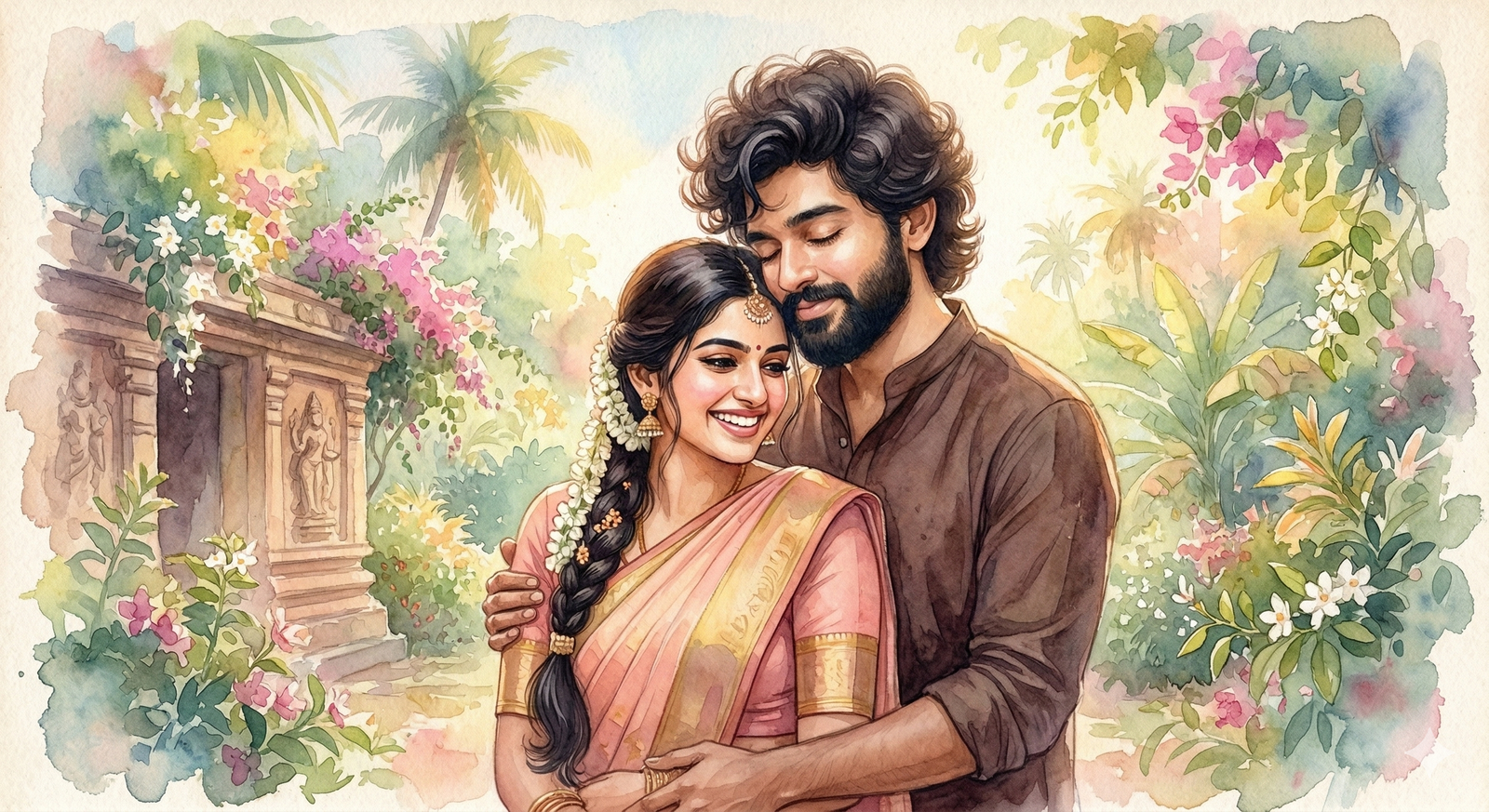 Create a soft, romantic watercolor-style portrait of a South Indian couple.