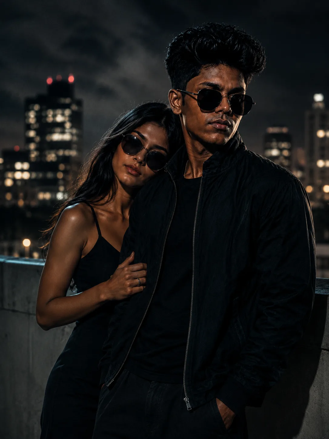 Ultra-realistic cinematic night portrait of a young South Asian couple standing together on a rooftop in a modern city at night.