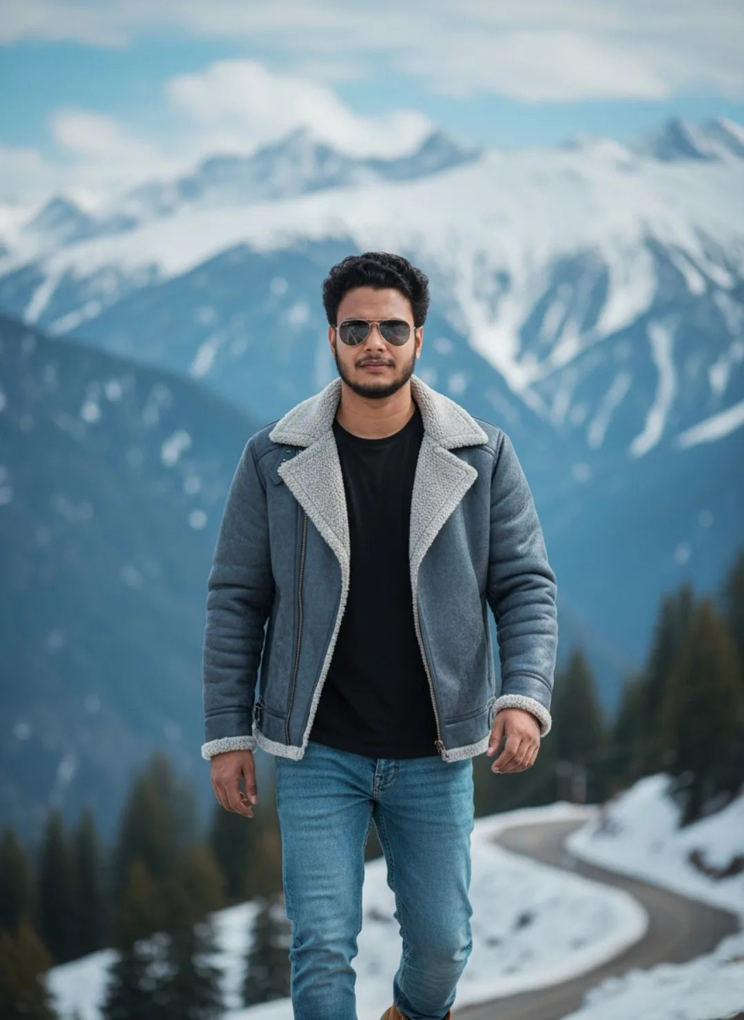 A confident young man with curly dark hair and a short beard stands facing the camera on a snowy mountain road.