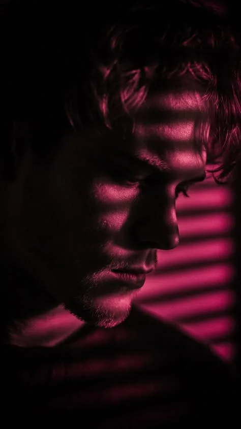 A dark cinematic side-profile portrait of a moody young man with messy wavy hair and light stubble, looking downward with a somber