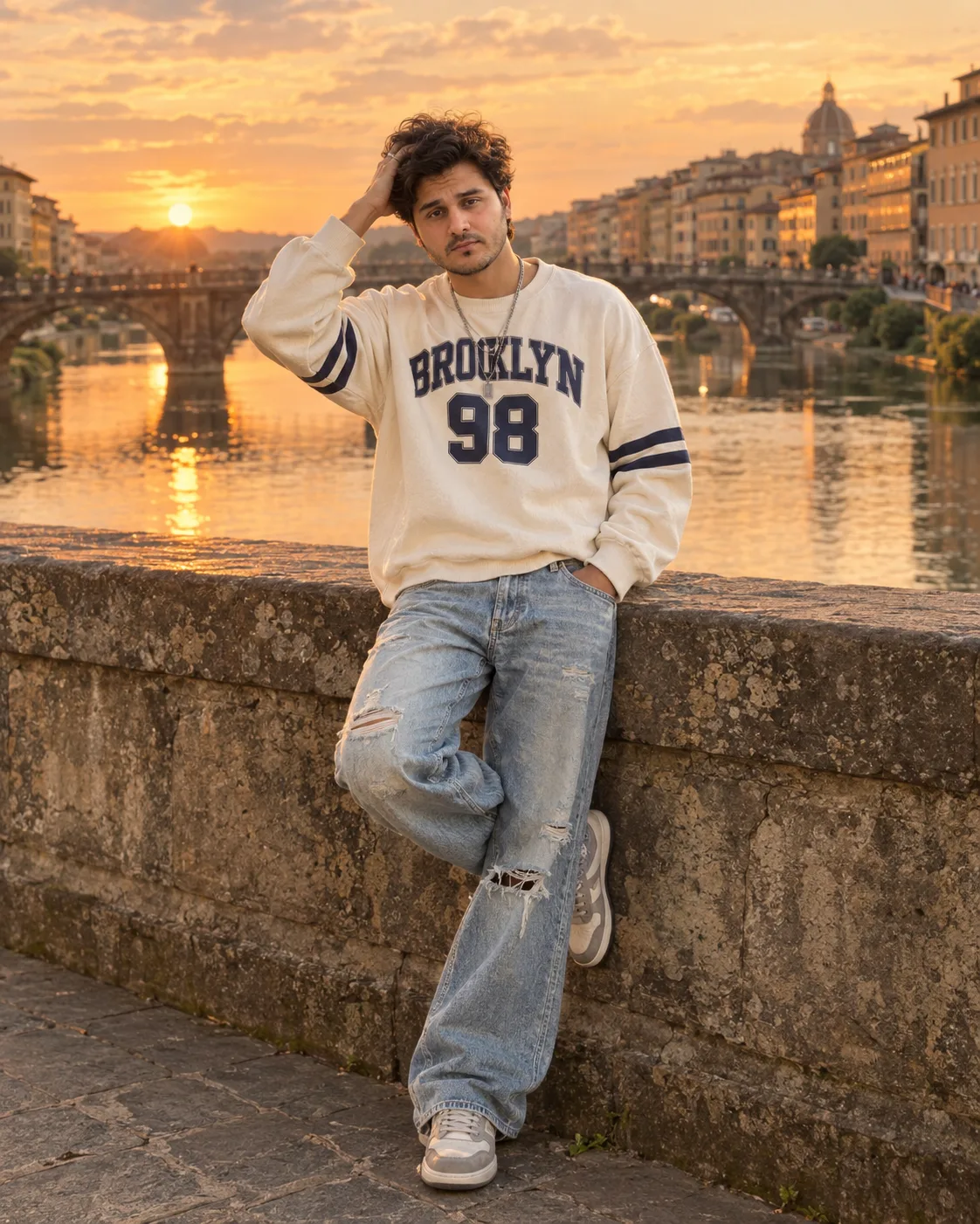 Create a highly realistic vertical 4:5 cinematic fashion photograph of an original young man posing on an old stone bridge beside a calm