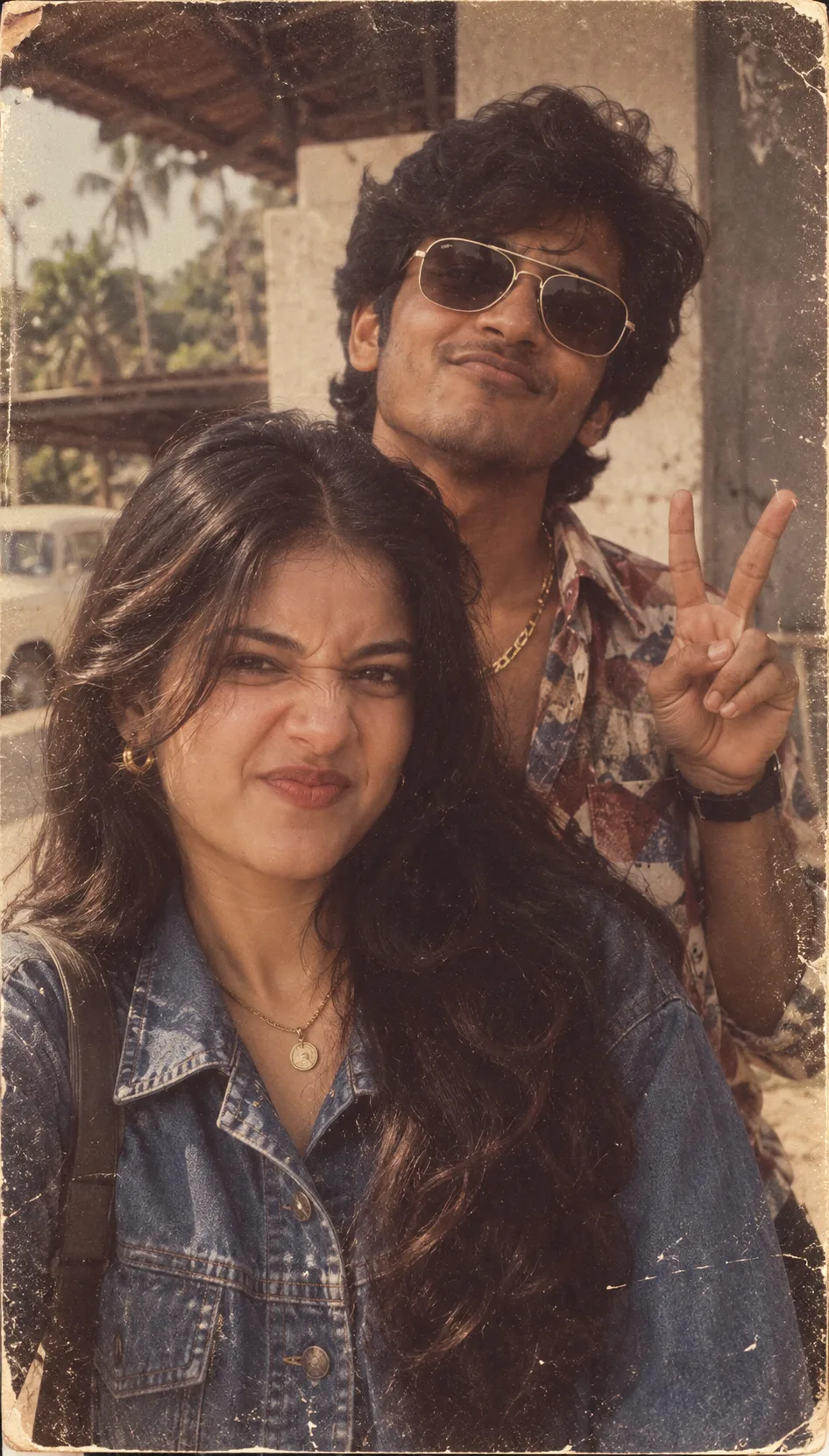 Transform the uploaded photo into a realistic 1980s vintage style, inspired by Dhanush's classic retro look.