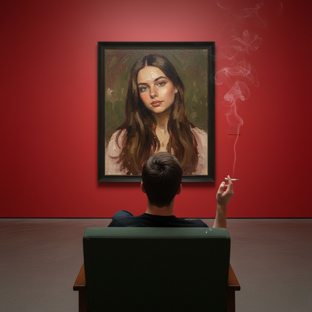 Create a scene in a modern art gallery using the attached image of the girl's face and appearance without changing her facial features.