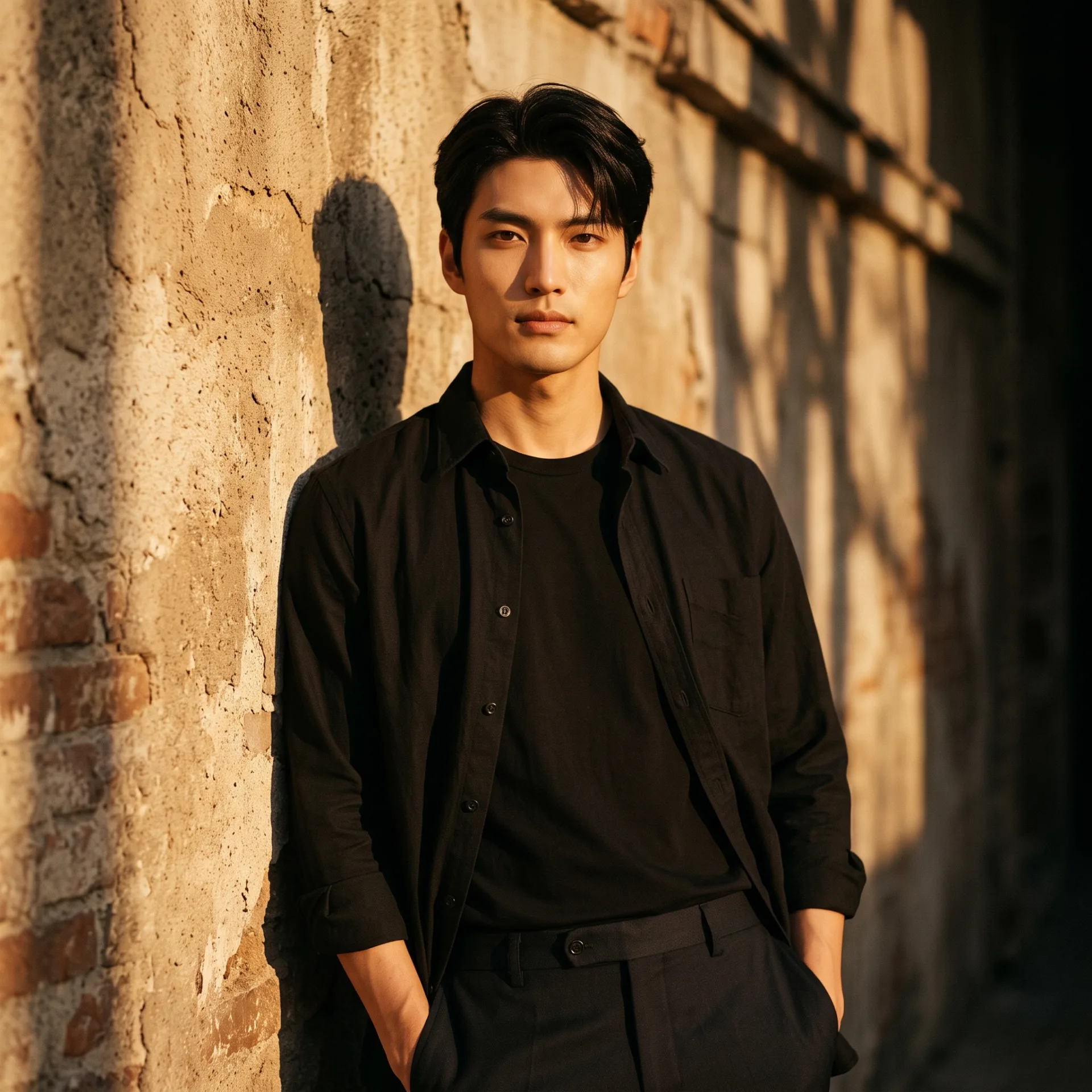 Ultra-realistic cinematic portrait of a young man leaning casually against a sunlit textured wall, one shoulder resting against the