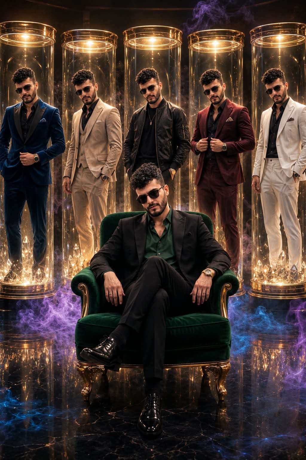 High-end luxury studio portrait, 5 identical clones of the same young man standing inside glowing crystal glass capsules with golden