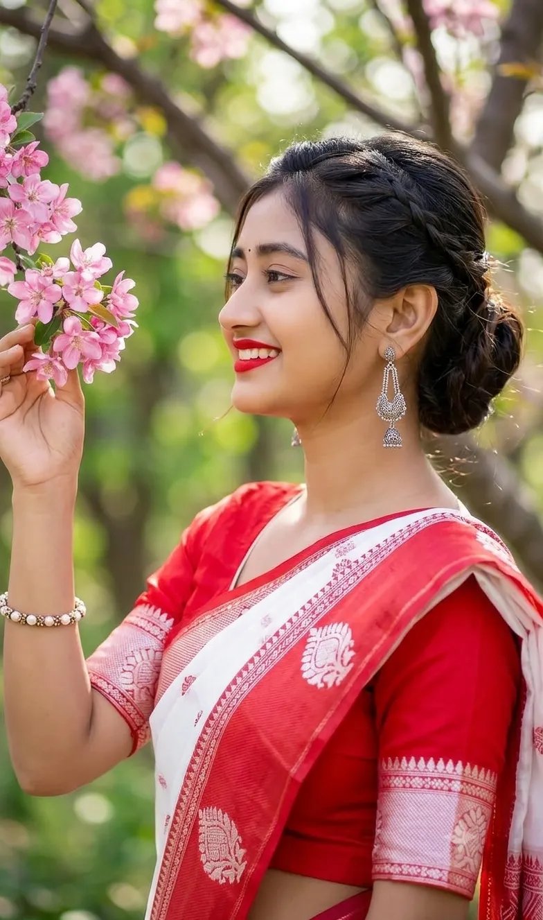 Create an image in profile, smiling joyfully as she reaches toward a cluster of pink blossoms.