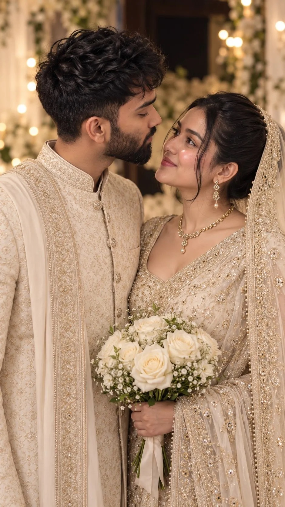 Ultra-photorealistic luxury Indian wedding portrait of a young South Asian bride and groom standing closely together in an elegant wedding