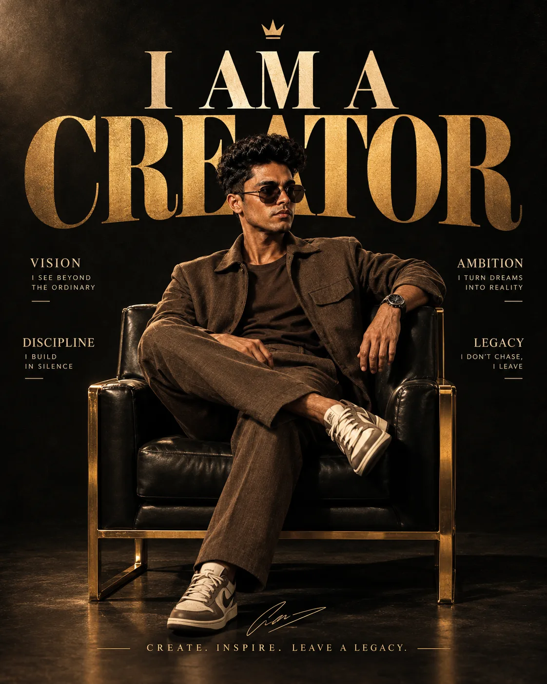 Ultra-premium cinematic motivational poster, vertical 4:5 format, powerful charismatic man with thick dark hair and a beard, sitting