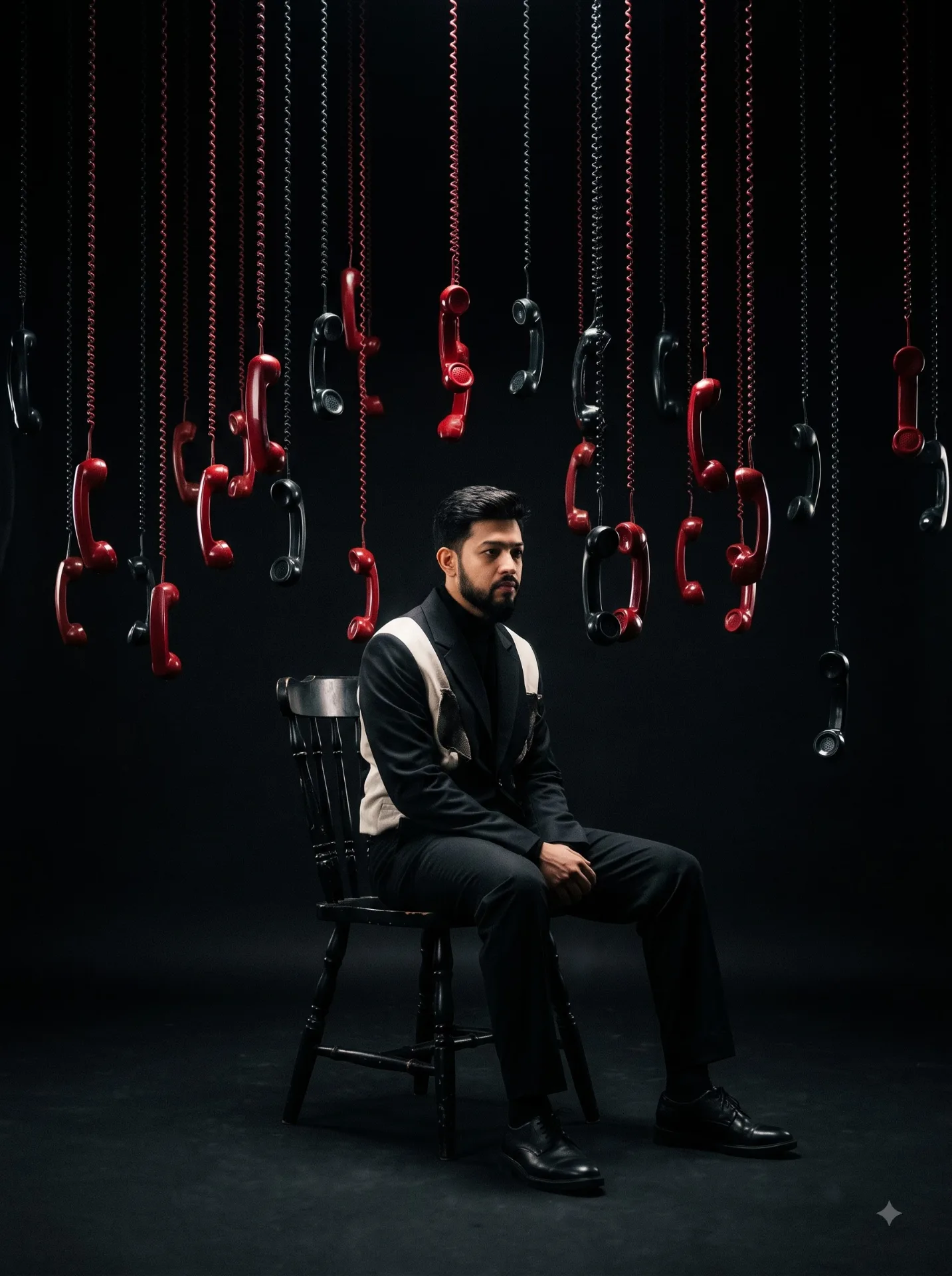 Create a surreal high-fashion cinematic photograph of a young man sitting alone on a vintage black wooden chair inside a vast pitch-black